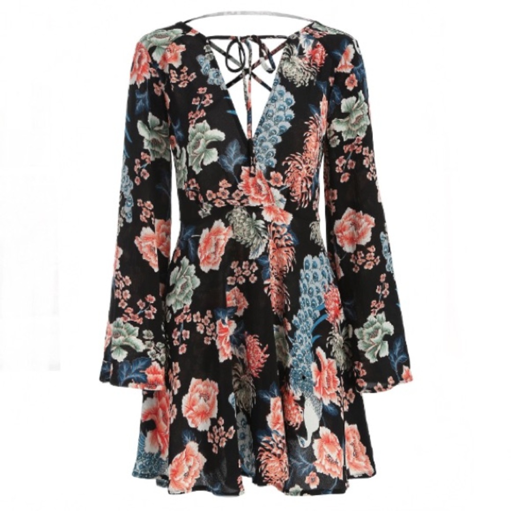 Beautiful Chiffon Peacock Peonies Mini Dress L